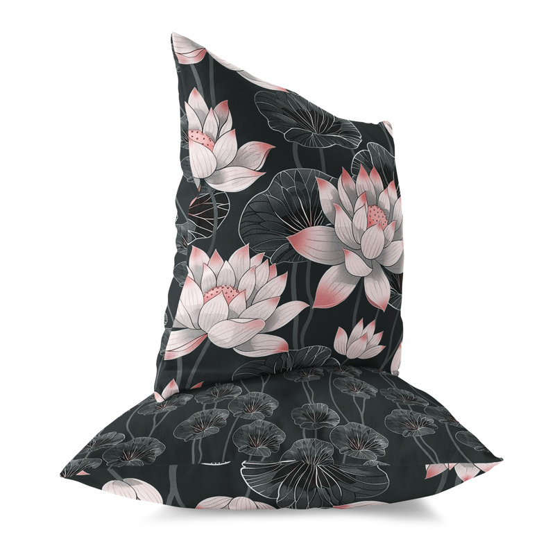 Coussin intérieur / extérieur Lotus Dreams, H 16 po x l 16 po, Gris / Rose