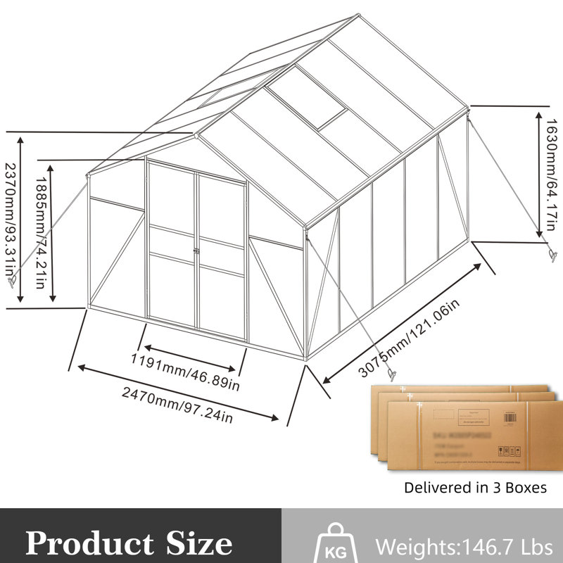 All Season Outdoor Greenhouse 8X10 Ft - Strong Aluminum Build, Polycarbonate Cover, Walk-In Space, , Spacious Gardening, Simple Assembly, Good Drainage System Backyard Heavy-Duty Aluminum, Panels,