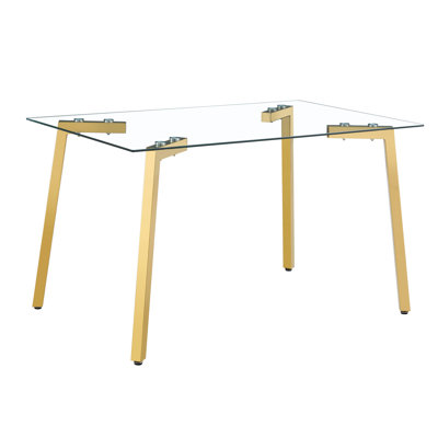 Table de salle à manger rectangulaire moderne en verre de 130 x 80 x 75 cm, avec pieds trempés et dorés transparents, convenant parfaitement aux petits espaces. Table de salle à manger de 130 x 80 x 75 cm