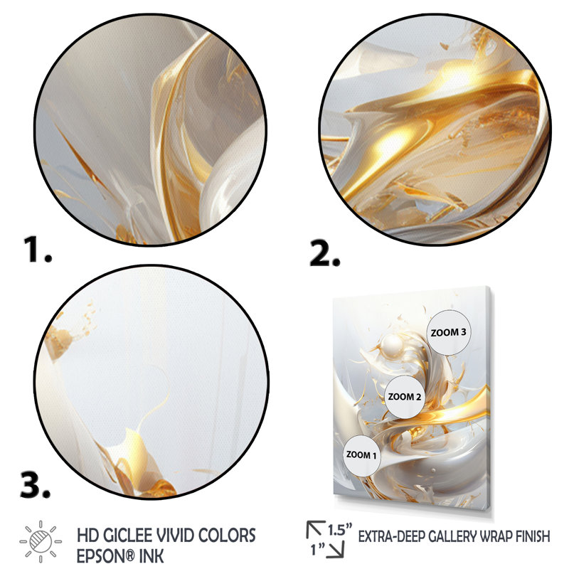 Sphère dorée fractale sur fond blanc sur toile, Cadre flottant doré, H 20 po x l 12 po x P 1 po