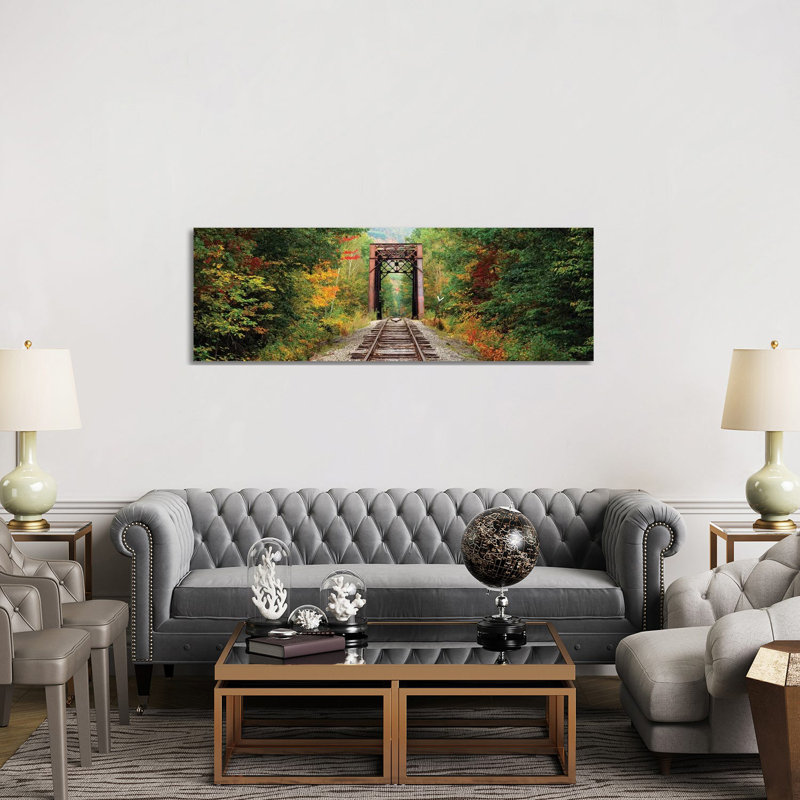 Railroad Track Passing Through A Forest, White Mountain National Forest, New Hampshire, USA - Wrapped Canvas Panoramic Print