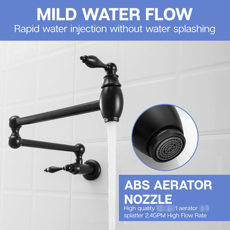 Wall Mounted Pot Filler Faucet, Brass Kitchen Faucet With Double Joint Swing Arms, Matte Black, Classic Style, Safe And Leak - , Ceramic Valves, Easy To Clean Nickel Finish, Stretchable Smooth