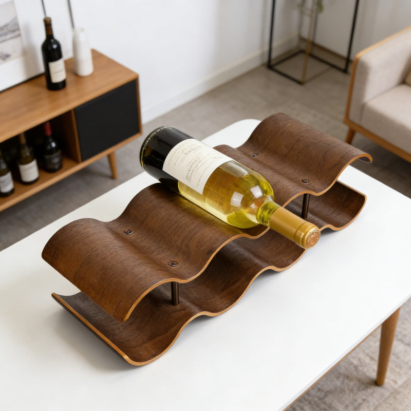 Support à vin sur comptoir à 2 niveaux en bois, porte-bouteilles autoportant à 7 bouteilles avec design ondulé pour un rangement sécuritaire dans la cuisine, le garde-manger ou le bar