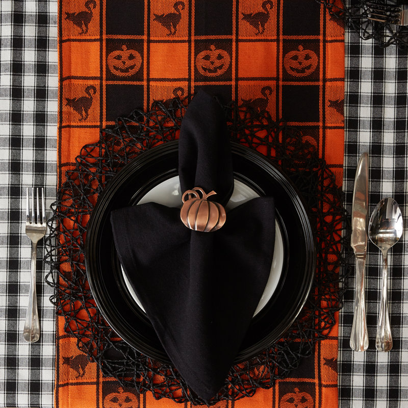 Halloween Orange and Black Cotton Check Table Runner, 72"
