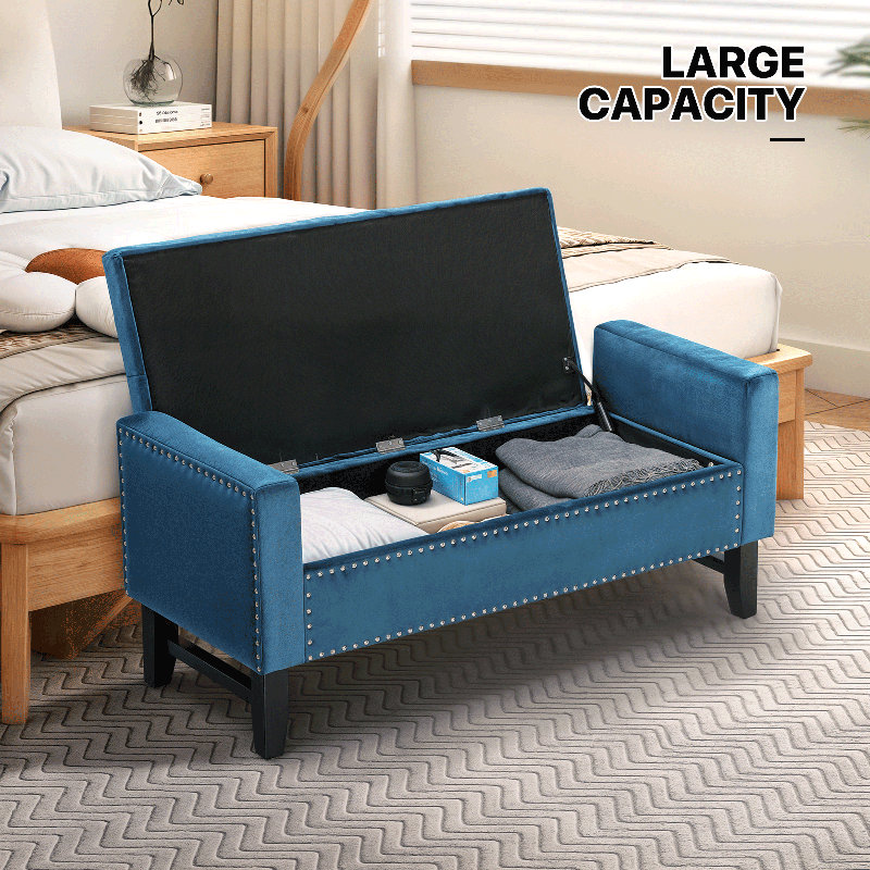 Arguello Velvet Storage Bench, Upholstered Tufted Ottoman with Wooden Legs, End of Bed Foot Stool, Navy