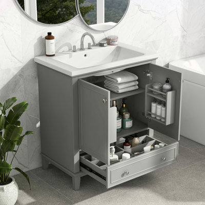 Ensemble de meuble-lavabo 30 po avec lavabo, armoire de salle de bain multifonctionnelle avec portes et tiroir, structure solide et panneau de fibres à densité moyenne