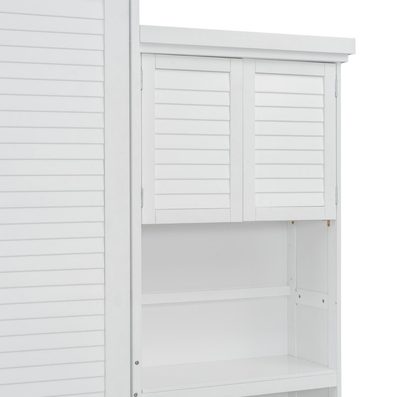 Lit escamotable avec plusieurs tablettes de rangement et décoration à persiennes, Blanc