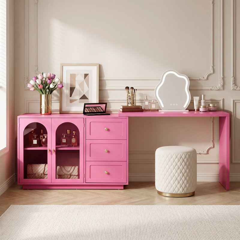 Yokota Extendable Makeup Vanity with 3 Drawers and 2 Acrylic Doors, Pink