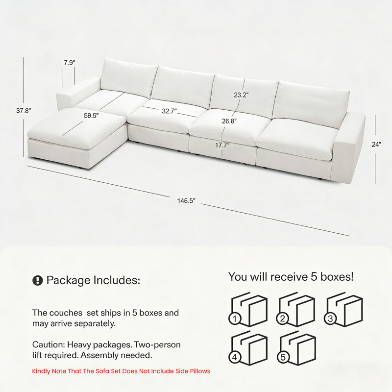 Aarti 146.5" Cloud Couch Sectional Sofa,Oversized Wide&Deep Seat L-shaped Sofas For Living Room , 4 Seater With Storage Ottoman