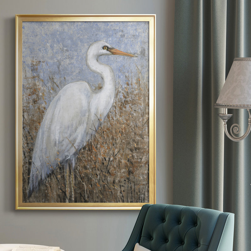 White Heron I - Toile encadrée de qualité supérieure - prête à être accrochée, H 42,5 po x l 30,5 po, Impression encadrée