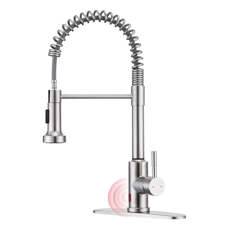 Robinet de cuisine à poignée simple sans contact avec plaque de pont KPAida, nickel brossé