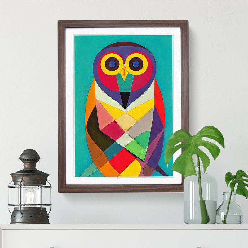 Colourful Abstract Owl No.5 - Single Picture Frame Print, 34cm H x 25cm W x 2cm D, Walnut