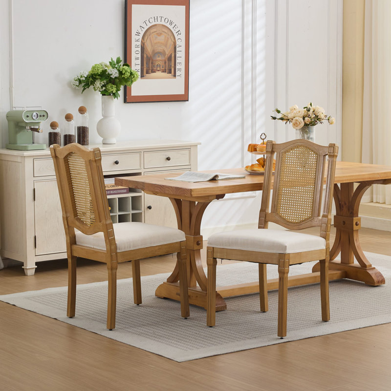 Chaise en bois massif avec dossier en rotin Marion, Beige