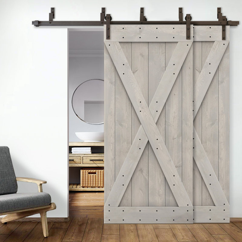 Porte de grange double à panneaux en bois teinté à panneau avec ensemble de quincaillerie coulissante, 96 po x 84 po