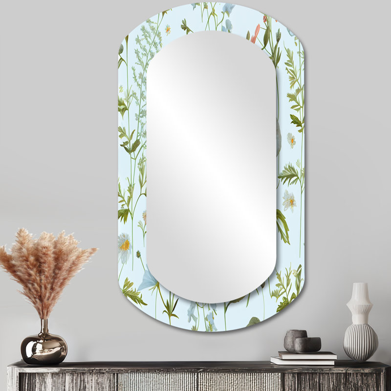 «Melis Blossoming Pastel Wildflowers On Light Blue VI», miroir décoratif cylindrique floral, miroir mural asymétrique traditionnel, impression d'art en métal
