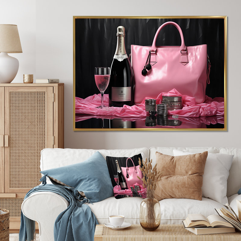 Sac rose et champagne I - imprimé, H 24 po x l 32 po, Cadre photo noir