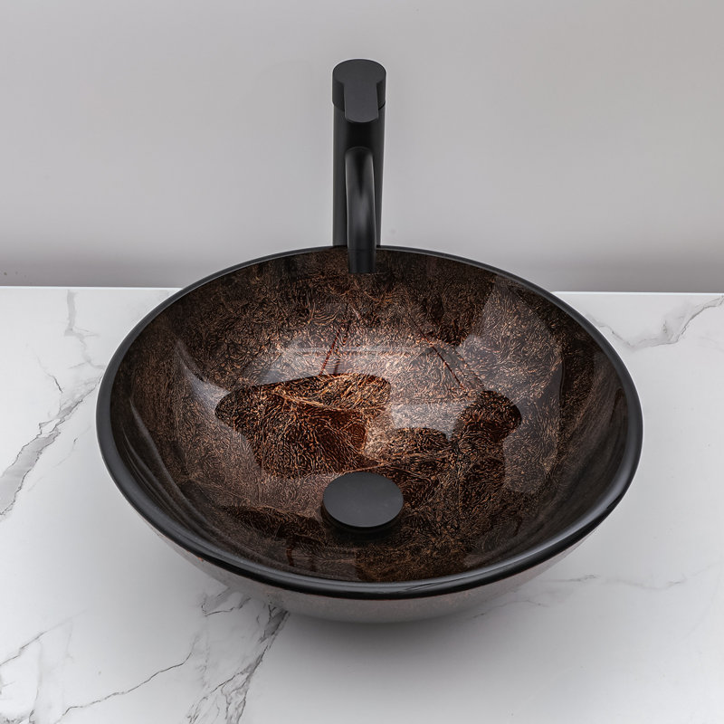 16.5" Glass Circular Vessel Bathroom Sink with Pop-Up Drain and Faucet, Dark Brown