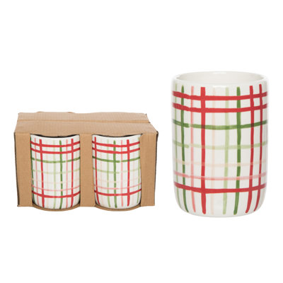 Ceramic Plaid Tumblers Set of 4 - Colorful Decorative Drinking Glasses for Christmas - 13.5oz Indoor Use Tabletop Decor - Perfect for Gift Giving and Hostess Gifts - Stylish and Functional