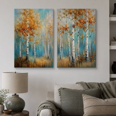 «Autumn Birch Forest Landscape», art de salon, impression sur toile encadrée, 2 pièces
