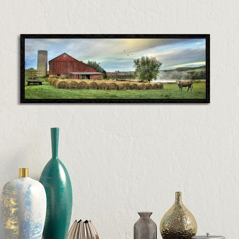 Hay Harvest by Lori Deiter - Panoramic Print on Canvas, Black Framed, 30.48cm H x 91.44cm W x 3.81cm D