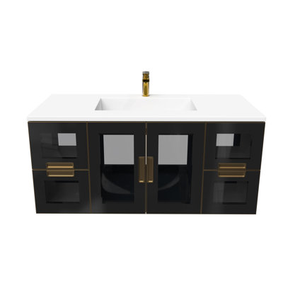 Swaneus 48"" Modern Wall-Mounted Single Vanity Set with Solid Surface Top and Glass Doors -  Everly Quinn, 61A4759249A64F42BA66E4A845F54C9E