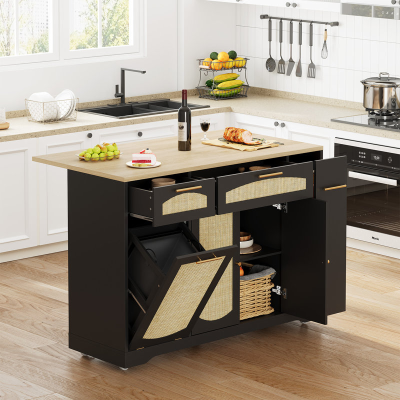53.1" Kitchen Island on Wheels, Rattan Rolling Kitchen Island Cart with Drop Leaf Breakfast Bar, Tilt Out Trash Can Cabinet