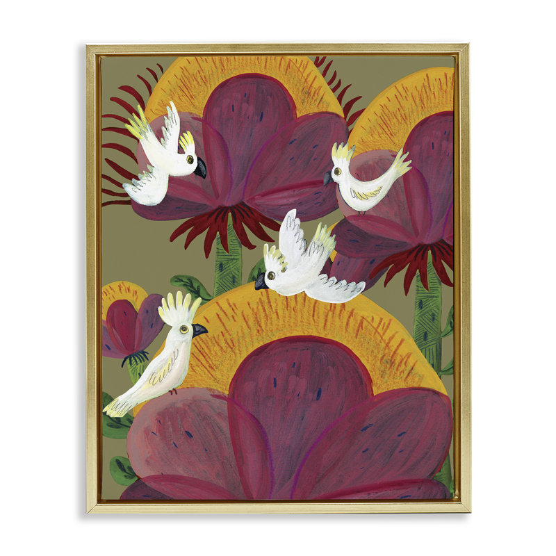 Cadre flottant tropical cacatoès et plantes, design par Kay Widdowson, H 31 po x l 25 po, Cadre flottant métallique doré