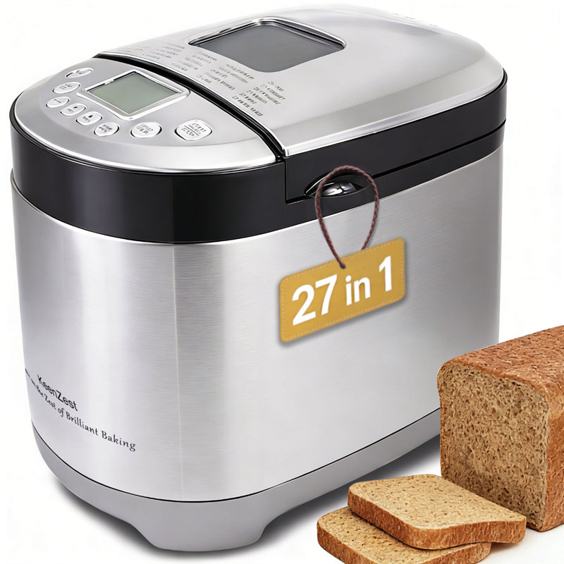 Machine à pain intelligente 27-en-1 avec cycle programmable fait maison et réglage sans gluten, machine à pain 2L 1,5LB 1LB avec minuterie à retardement, machine à pain de blé entier avec recettes, corps en acier inoxydable 