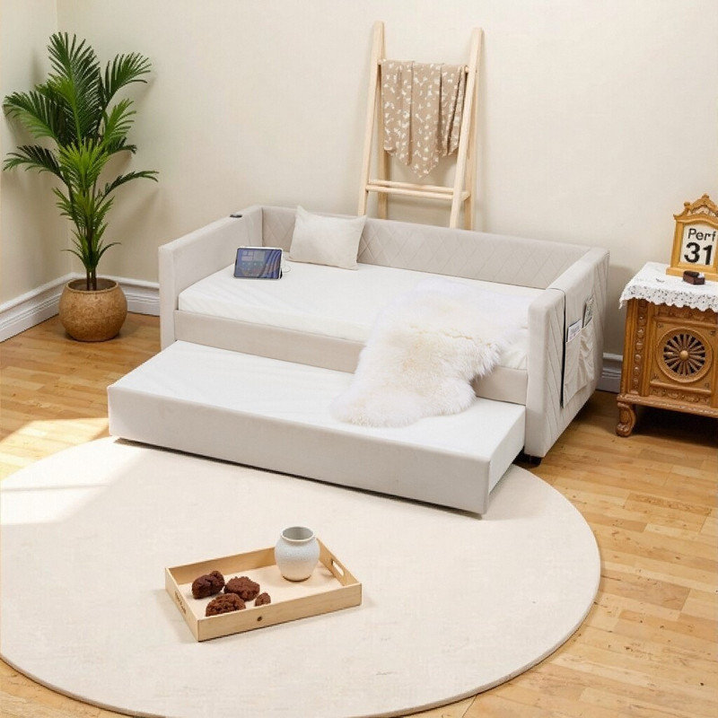 Lit de jour simple en velours avec couchette, canapé-lit capitonné à losanges moderne, Beige