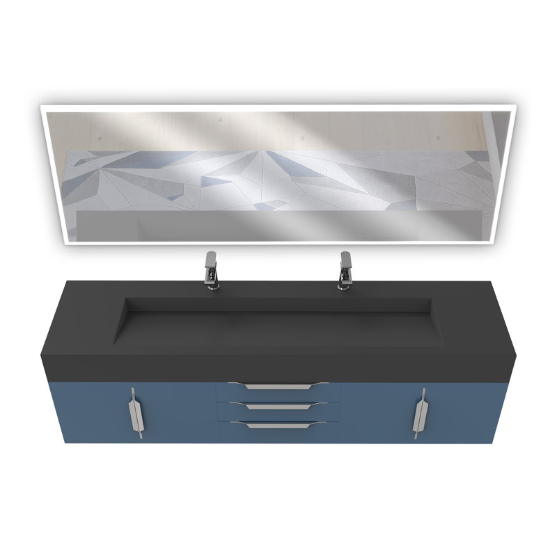 Ensemble de meuble-lavabo double mural 72 "avec miroir Nile, Noir, Bleu, Nickel brossé