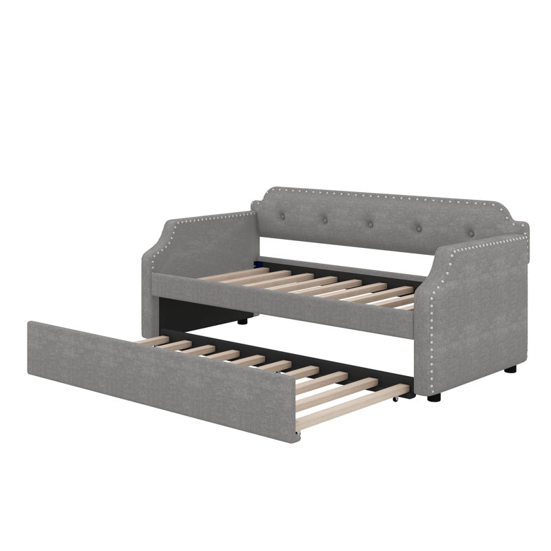 Twin Upholstered Daybed With Trundle, Gray
