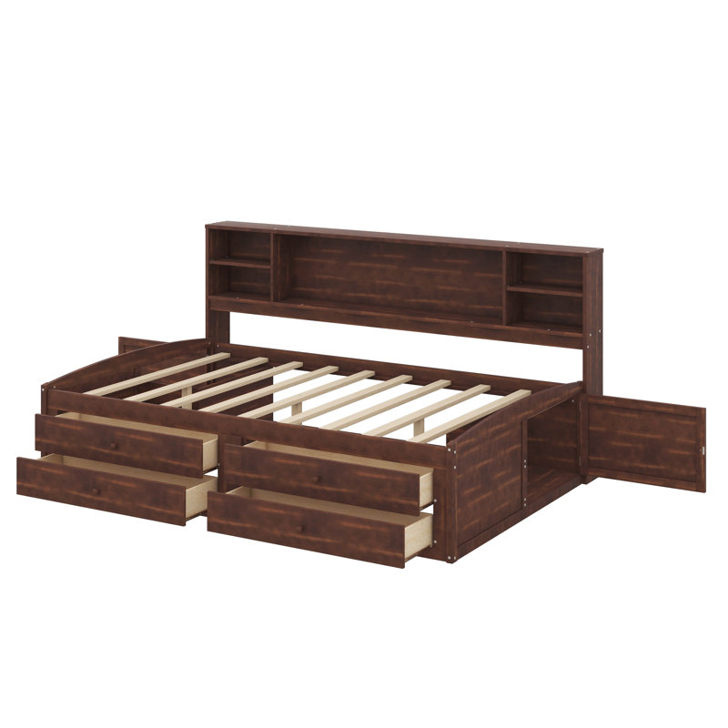 Lit capitaine pleine grandeur en bois avec tablettes de rangement intégrées, tiroirs et armoires doubles