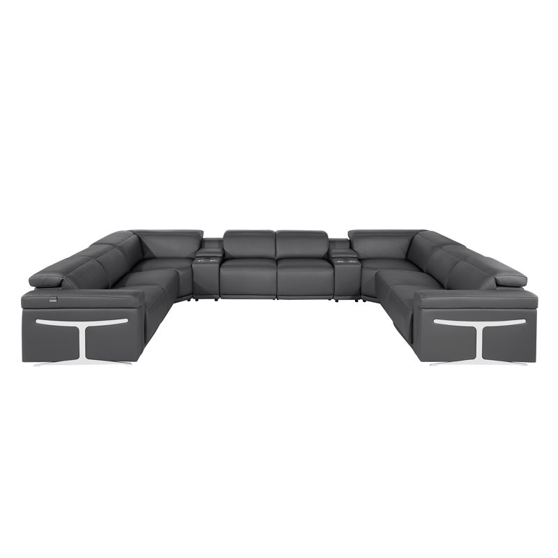 Stanwinn 10 – Piece 4 Power Reclining Top Grain Italian Leather Sectional with Power Headrest, Dark Gray Genuine Leather