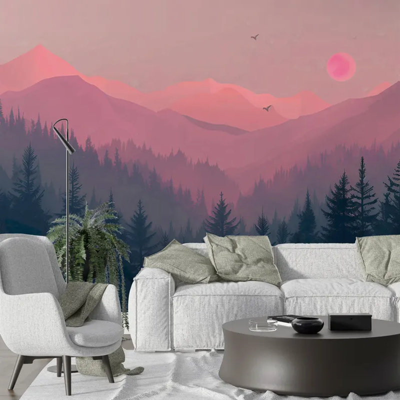 Coucher de soleil rose sur les montagnes boisées, L 117,96 po x l 236 po