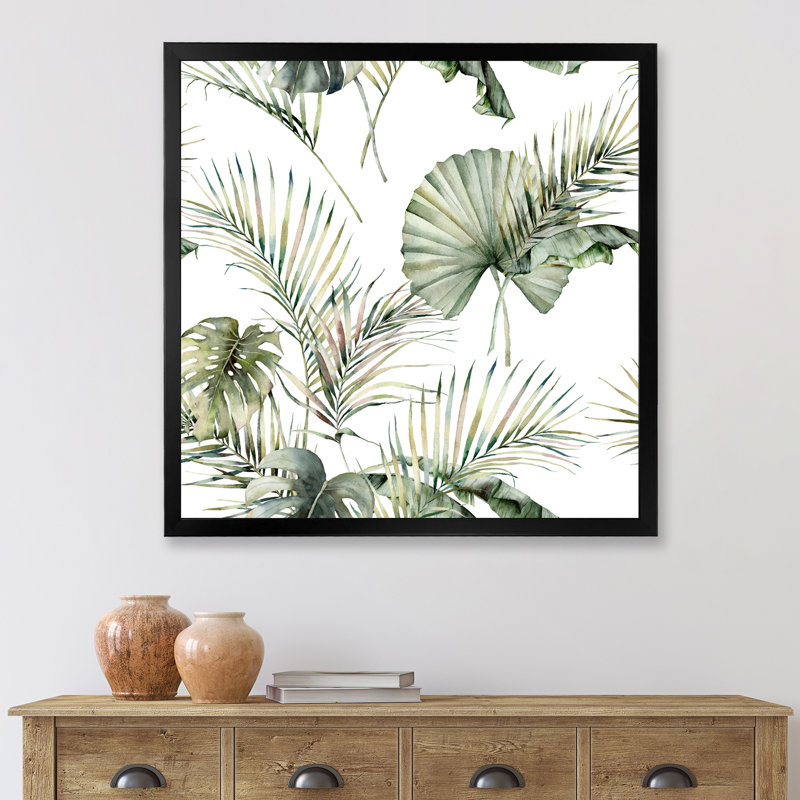 «Tropical S» avec Monstera et feuilles de noix de coco - peinture sur toile à cadre flottant, Toile avec cadre noir