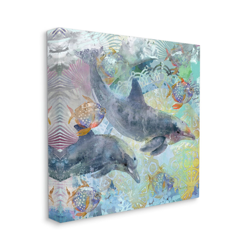 Dauphins et poissons, fractales aquatiques - impression, H 17 po x l 17 po x P 1,5 po, Toile tendue