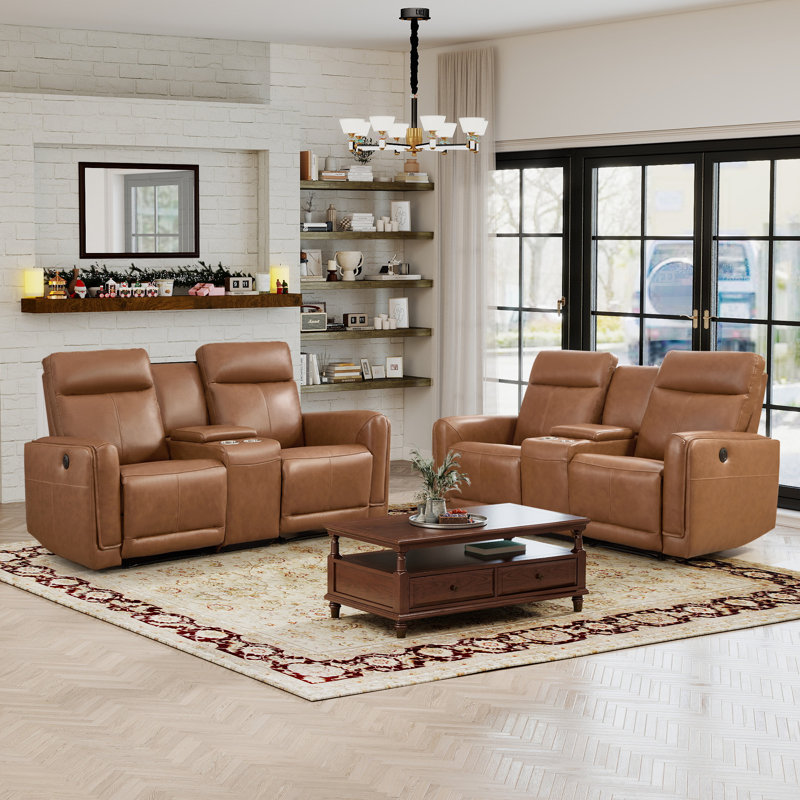 73" W Classic Top-Grain Leather Power Reclining Loveseat With USB & Type-C, Dual Cup Holders & Storage(Set Of 2)
