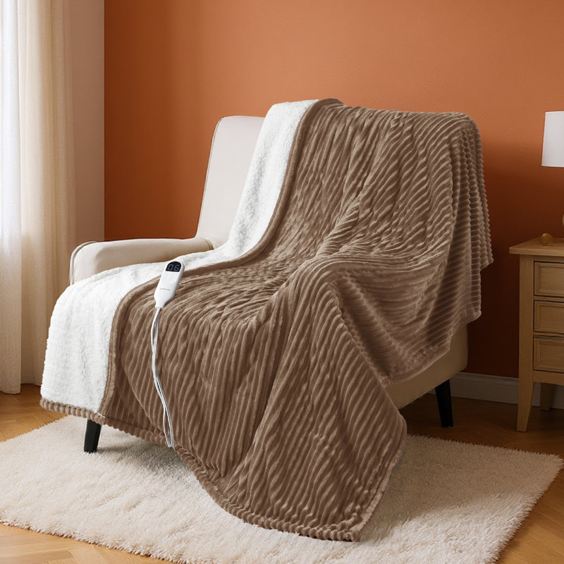Couverture électrique chauffante en flanelle nervurée avec 6 niveaux de chaleur, chauffage avec 10 réglages de temps, arrêt automatique de la minuterie de 8 heures, GentleSoft ™