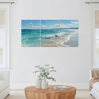Ensemble de 3 toiles murales représentant une scène de plage avec des vagues océaniques