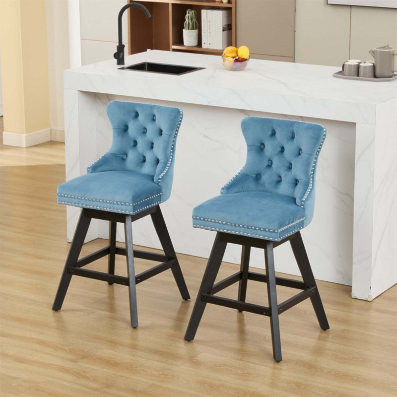 Swivel Velvet Barstools With Button Tufted Decoration, Wooden Legs, And Chrome Nailhead Trim, Set Of 2, Light Blue