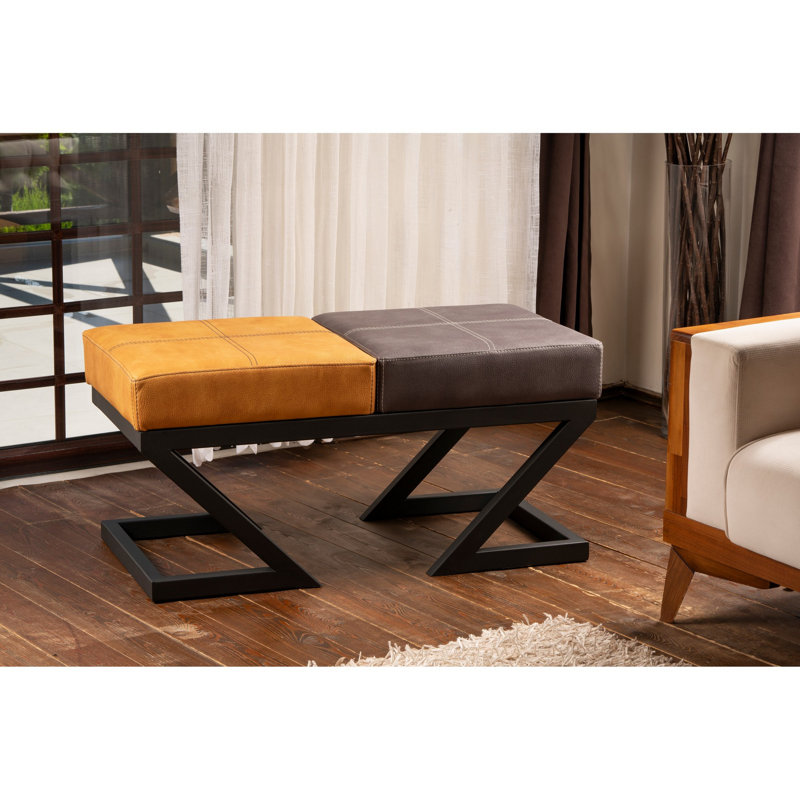 Pouf de style industriel avec pieds en métal, moutarde et anthracite, 36,2 po x 17,3 po x 18,1 po | 100% cuir de polyuréthane, 32 mousses en mousse pour plus de confort | Tissu facile à nettoyer | Accent parfait pour les espaces de vie modernes