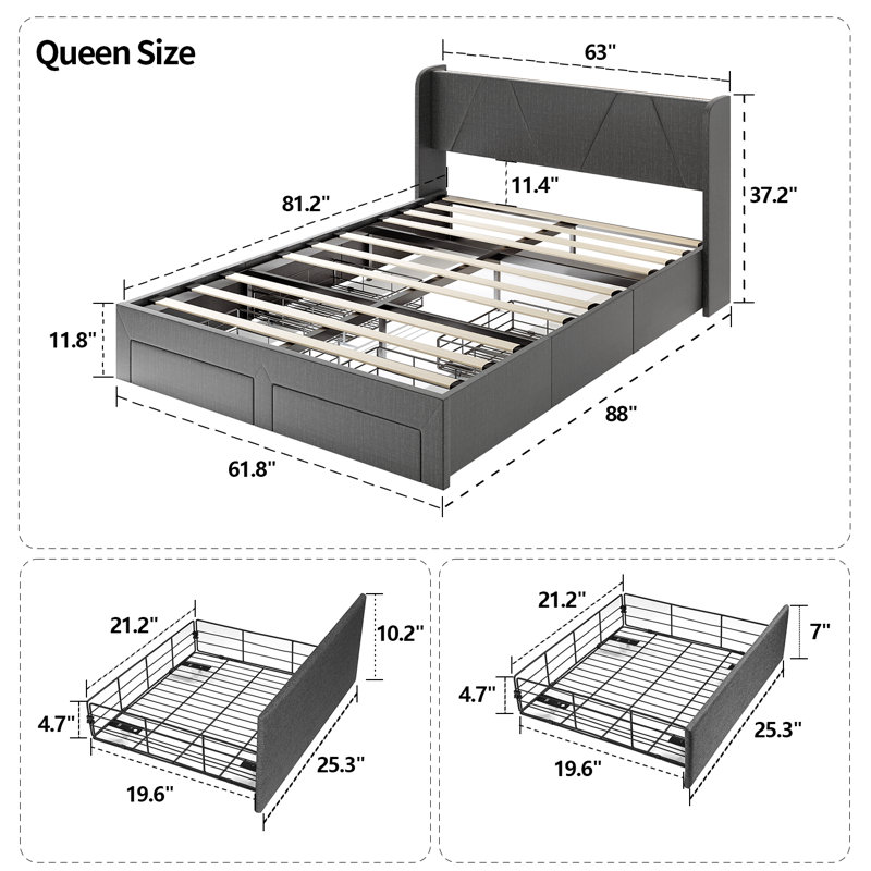 Storage Bed with Modern Platform, Built-In USB Charging & LED Lighting with RGB Options, Queen, Dark Gray