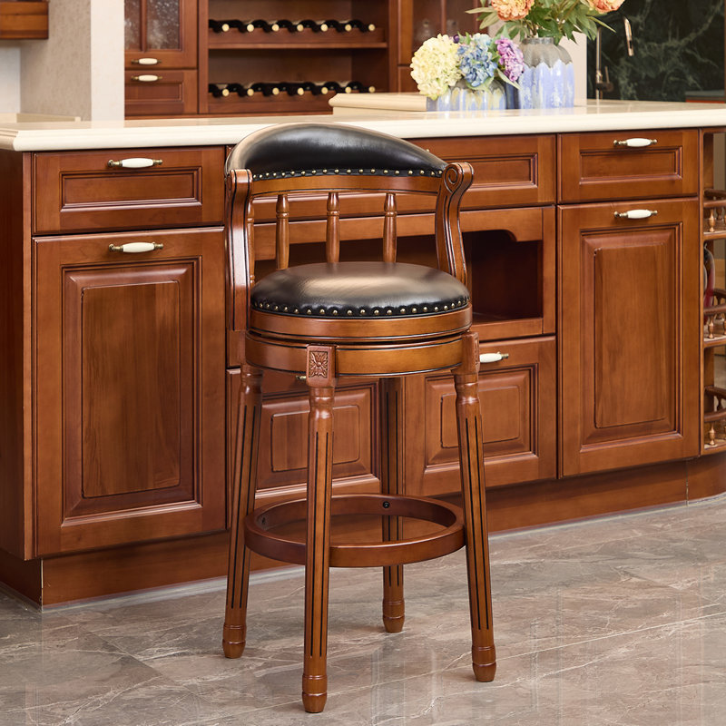 Tabouret de bar pivotant en cuir véritable véritable avec structure en bois d'hévéa massif, dossier mi-haut, Noir