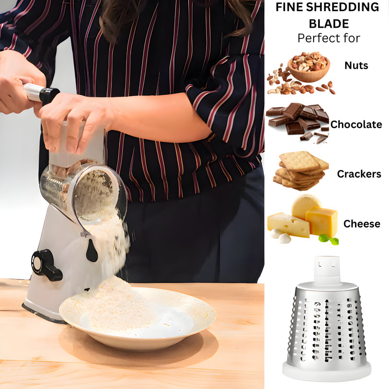 White and Black Multipurpose Rotary Cheese Grater with Stainless Steel Blades