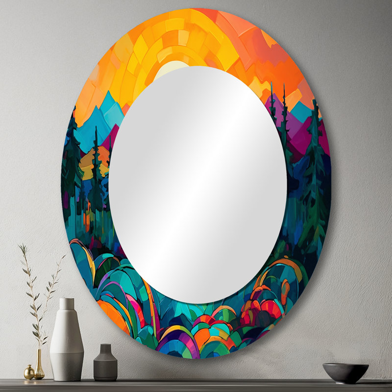 Haashir vibrant coucher de soleil brillant sur les montagnes II - miroir décoratif montagnes, miroir mural orange, impression sur métal