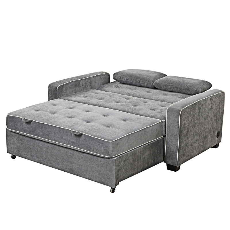 Upholstered Pull Out Sofa Bed With Throw Pillows, USB Charging Port And Adjustable Backrest, Charcoal Gray
