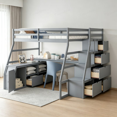 Full Size Loft Bed with 7 Drawers 2 Shelves and Desk