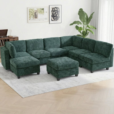 128" Oversized Modular 8-Seater Sectional Sofa with Storage & Removable Covers, Convertible U-Shape, L-Shape & Sleeper Configuration, Modern Couch with Movable Ottoman
