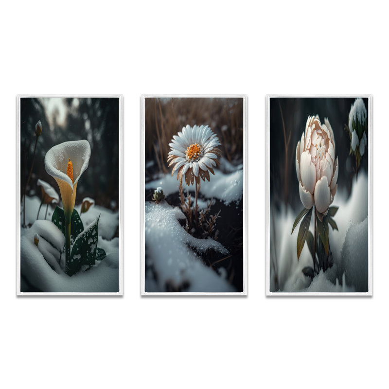 A Blooming White Flower Winter - Ensemble de 3 cadres flottants, Cadre flottant blanc, H 32 po x l 48 po