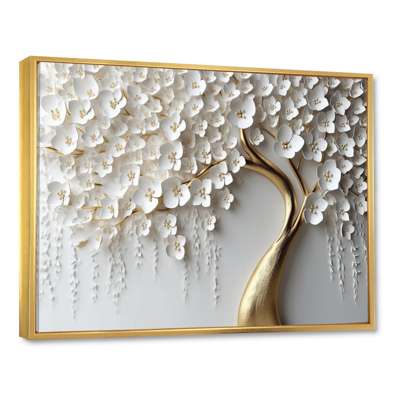 Orchidée blanche et dorée, jardin de branches IV - impression d'art mural floral (sans texture), H 34 po x l 44 po, Doré